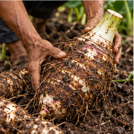 Ilustrasi tangan petani memanen umbi talas